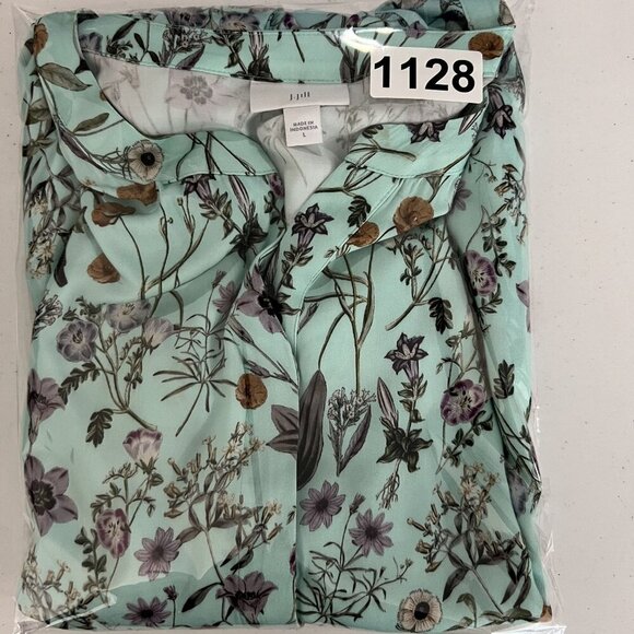 J Jill Womens L Seafoam Botanical Bird Floral Print Top 3/4 Sleeve Blouse Silky - Picture 16 of 16